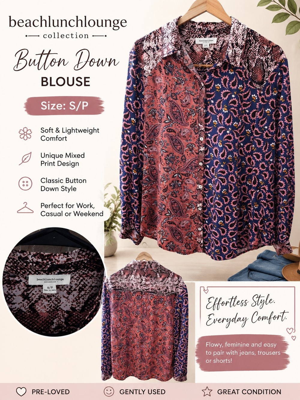 beachlunchlounge Mixed Print Button-Down Blouse in Rust & Navy